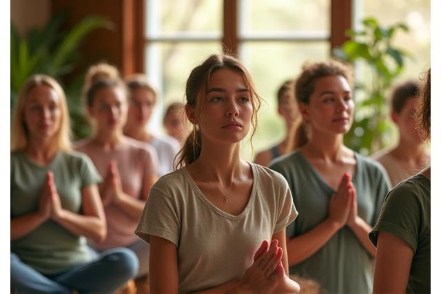 A tranquil scene with diverse adults practicing yoga and mindful meditation, symbolizing holistic well-being