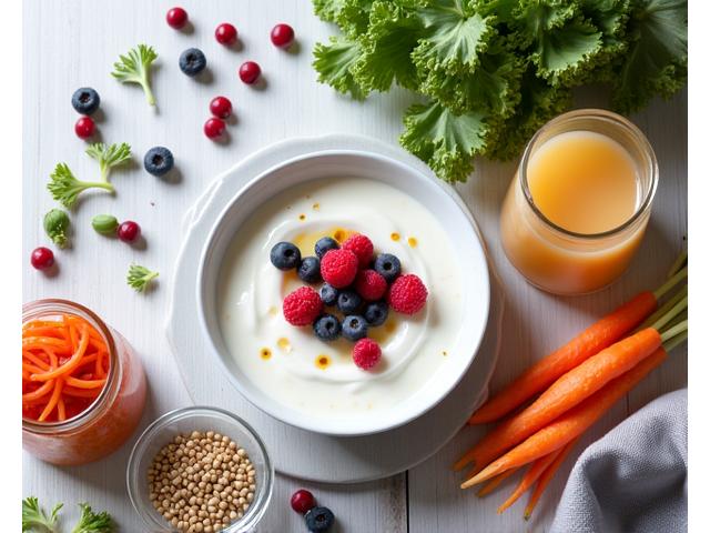 Assortment of probiotic-rich foods like yogurt, kimchi, and berries