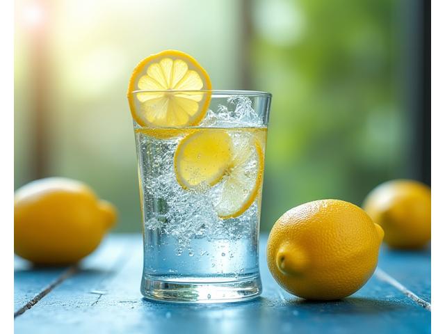 Glass of water with lemon slices next to active adults