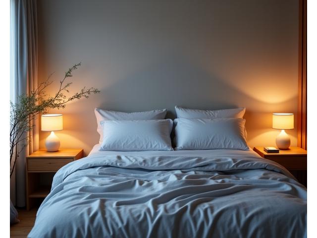 Serene bedroom scene with soft lighting, emphasizing good sleep environment