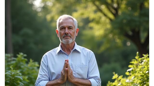 Man meditating peacefully in a garden