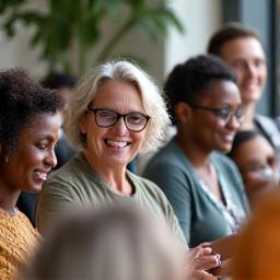 Group of diverse adults learning in a bright, modern setting